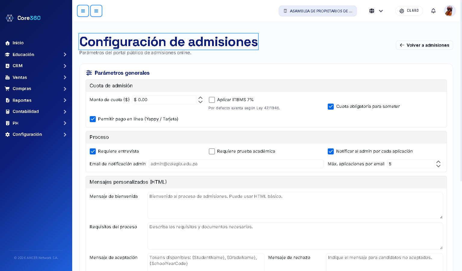 Configuración de admisiones