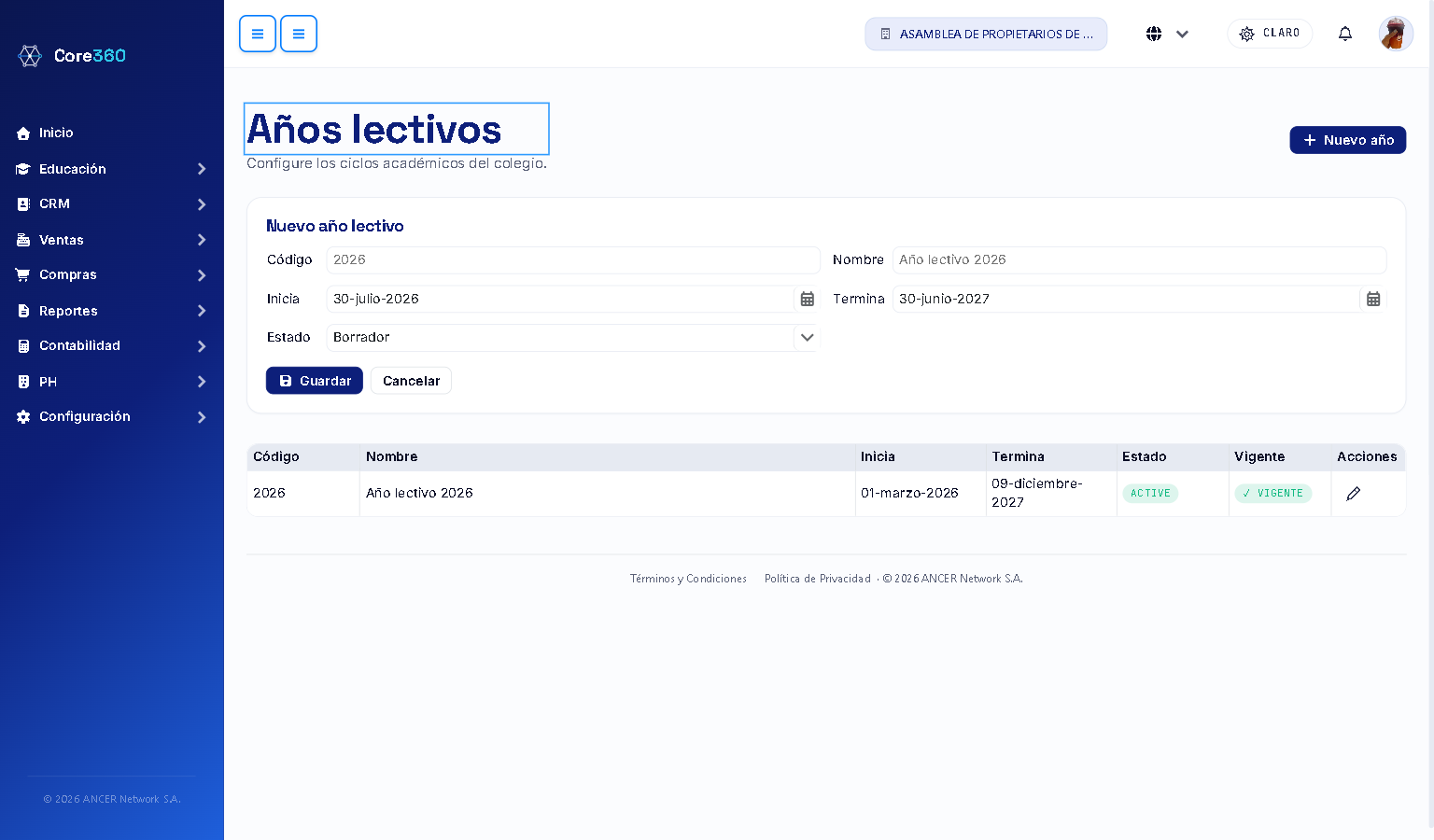 Formulario de nuevo año lectivo