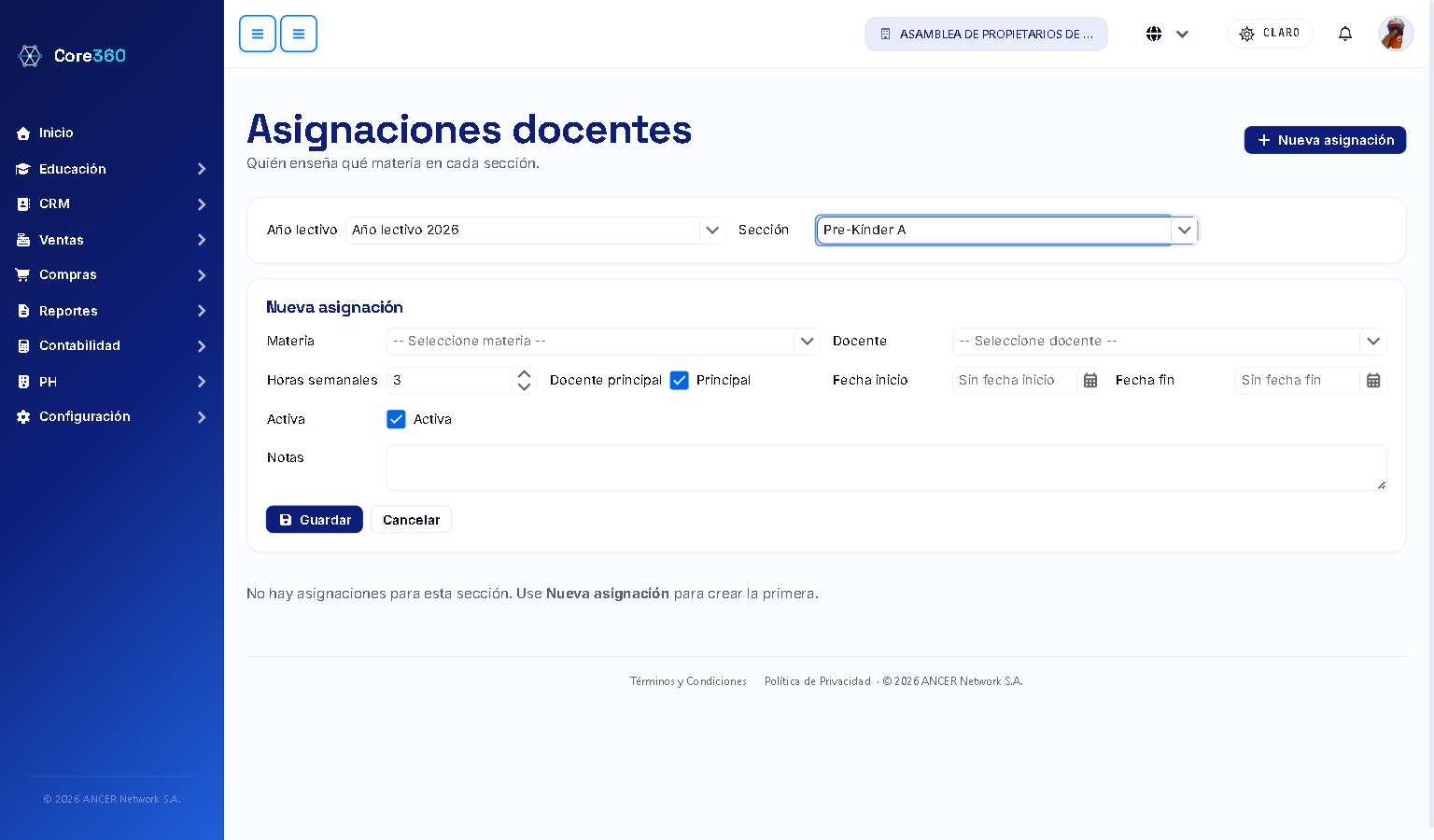 Formulario de nueva asignación
