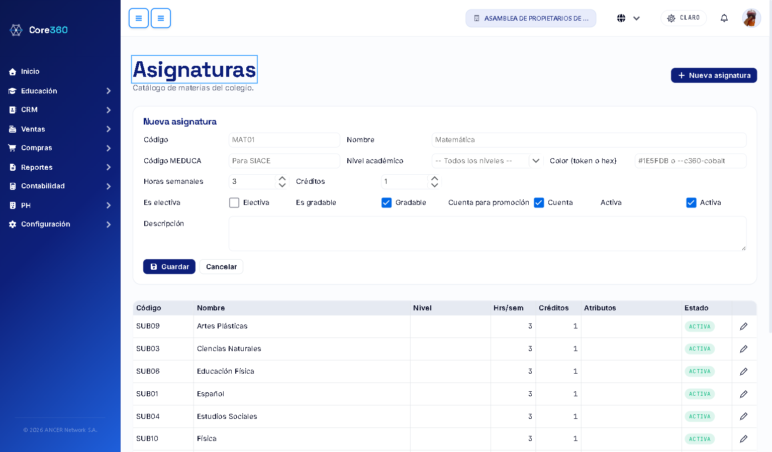 Formulario de nueva asignatura