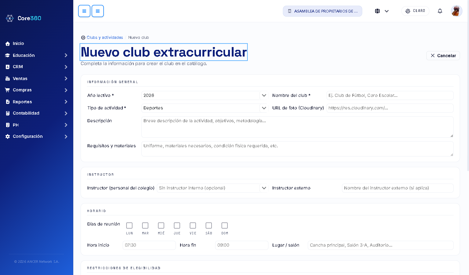 Formulario de un club