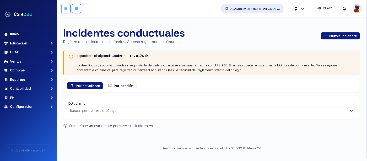 Pantalla de conducta con las pestañas Por estudiante y Por sección