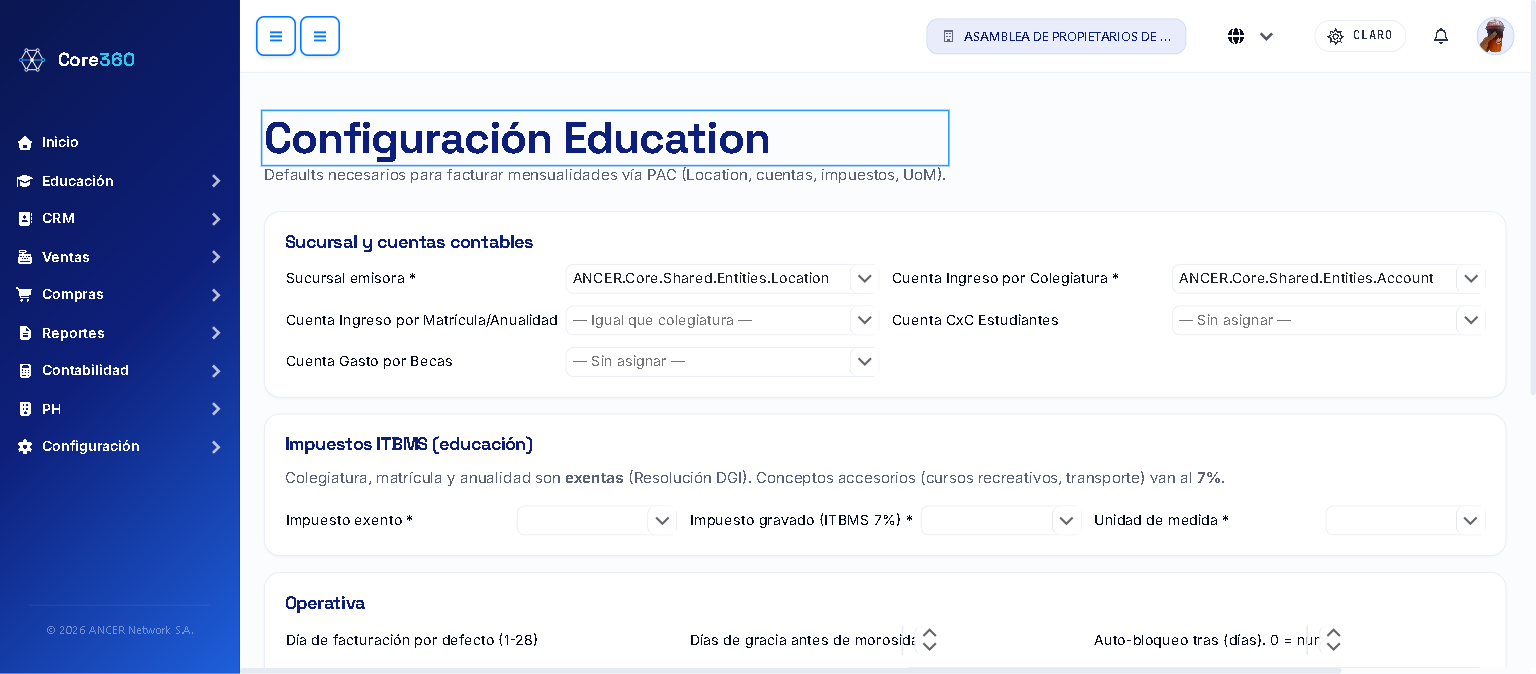 Pantalla de Configuración del Módulo Académico
