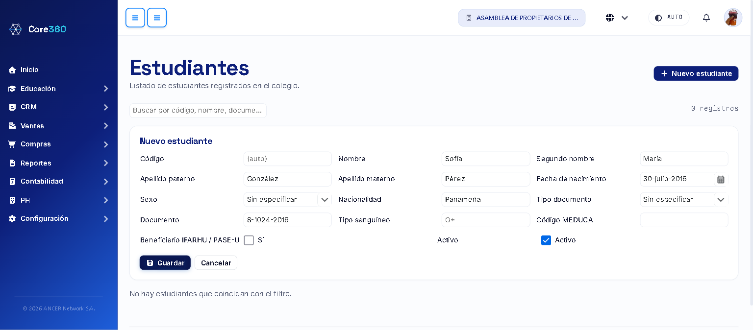 Formulario de nuevo estudiante