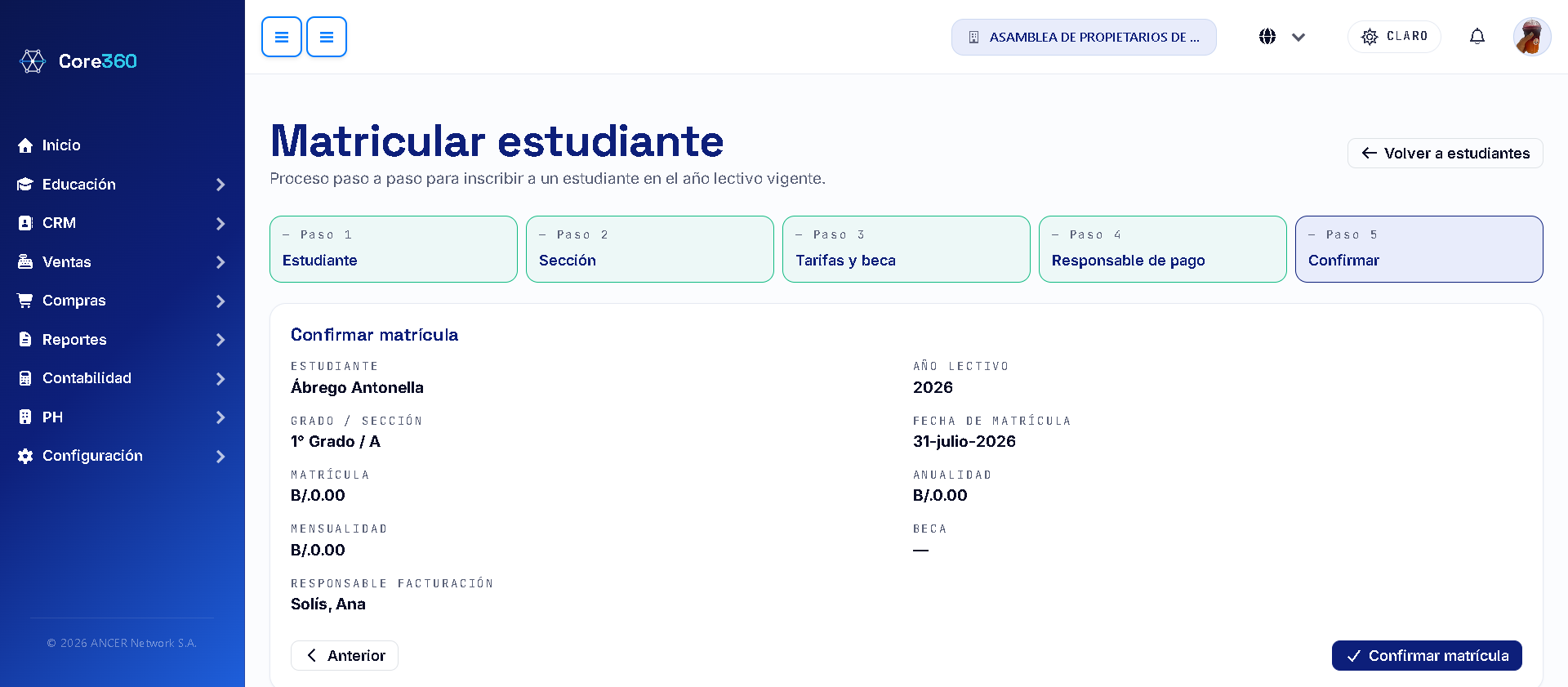 Paso 5: confirmar matrícula