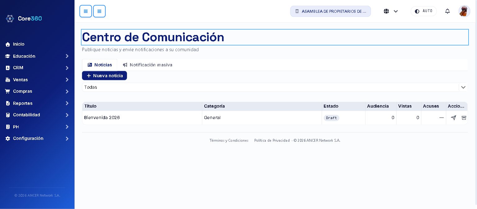 Centro de comunicación con la pestaña Noticias