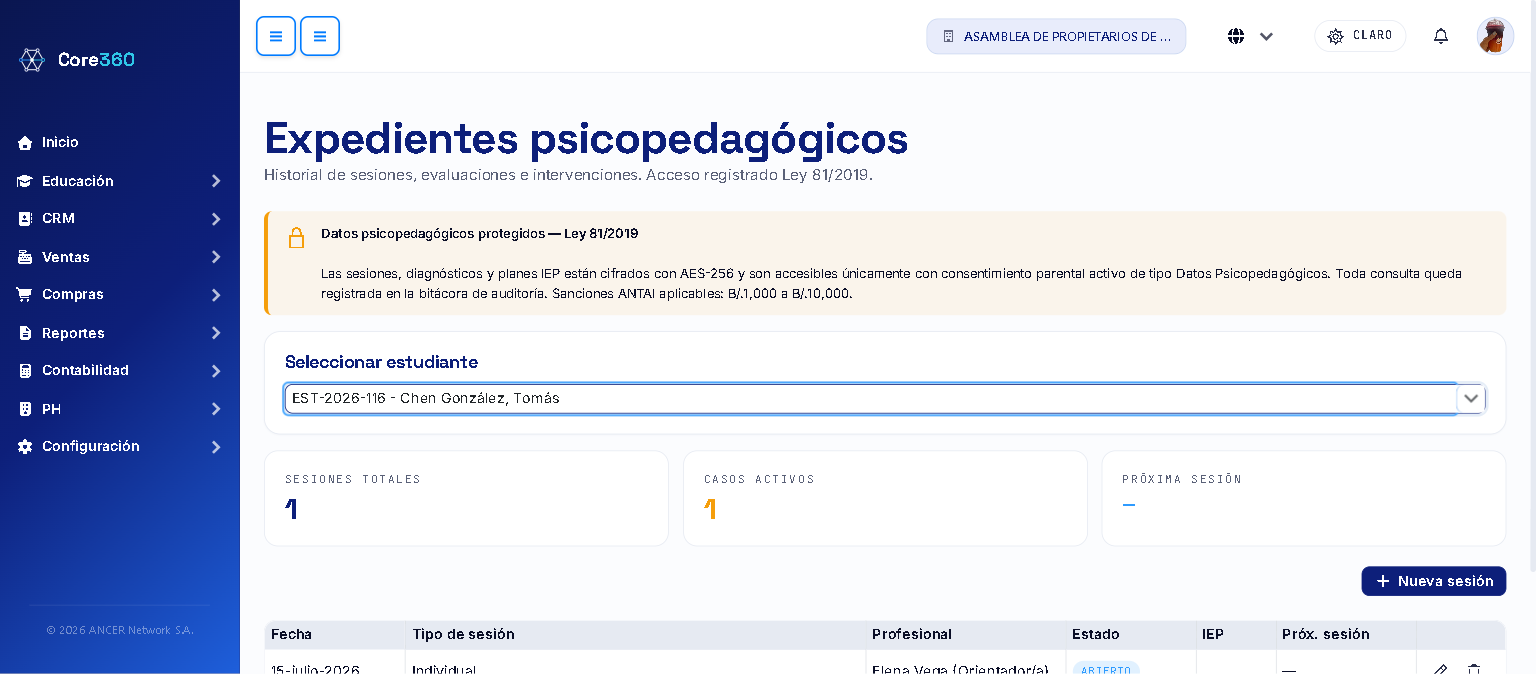 Indicadores y tabla de sesiones del estudiante