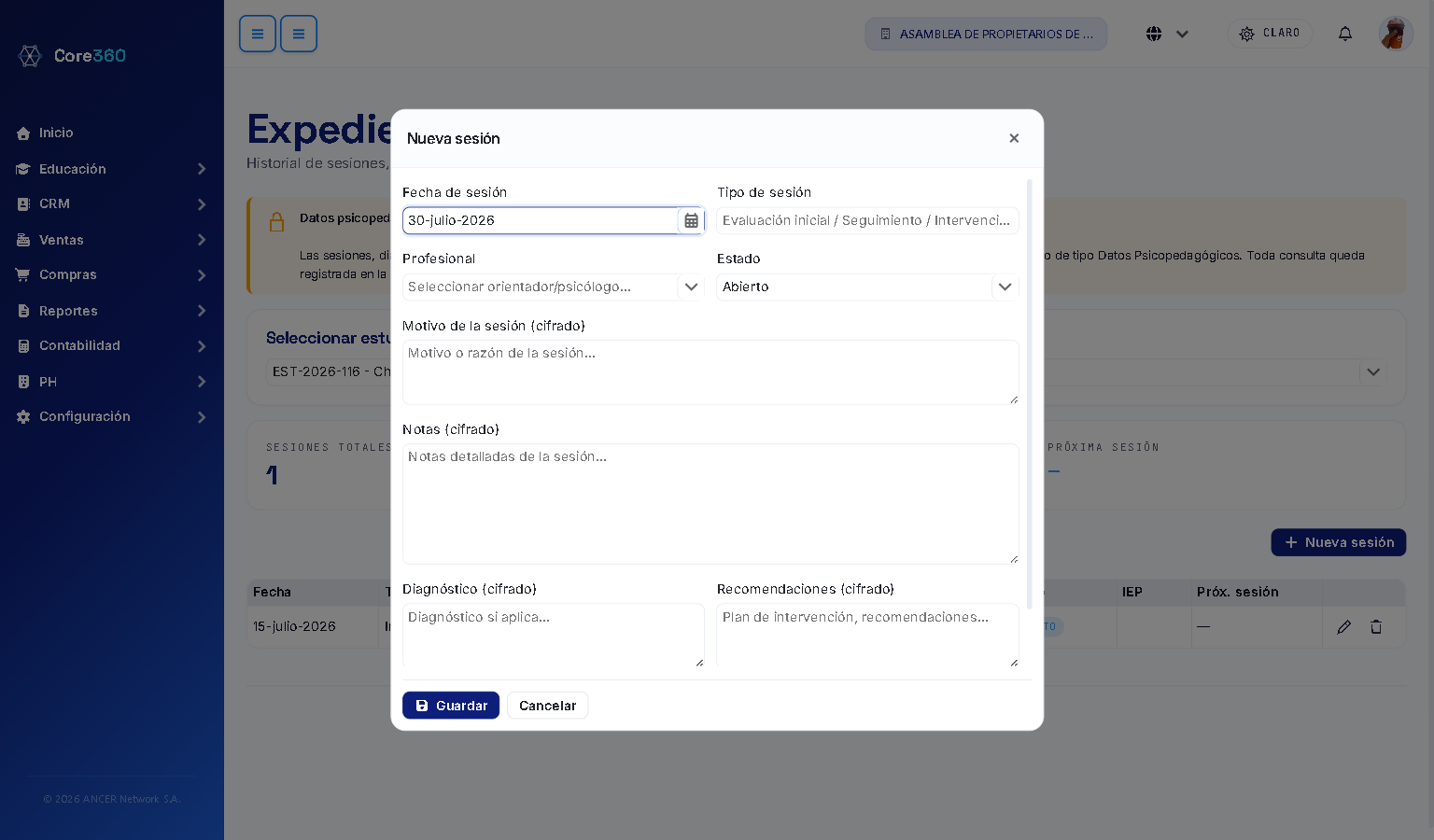 Ventana para registrar una nueva sesión psicopedagógica