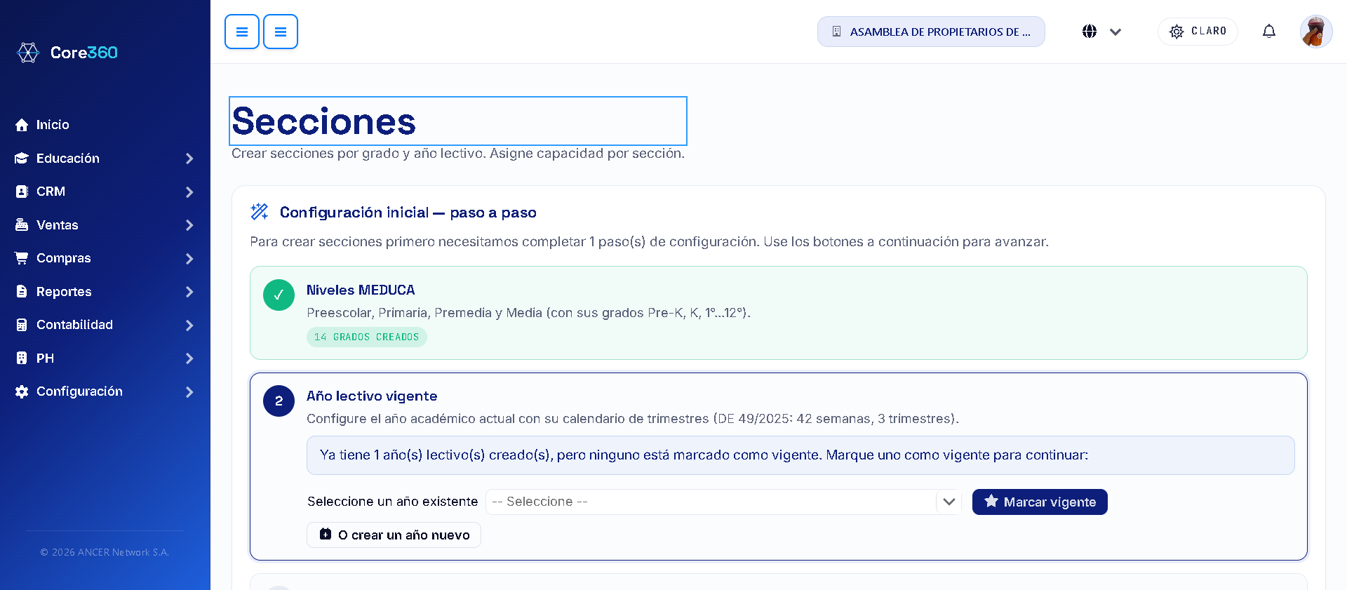 Asistente de configuración inicial de secciones